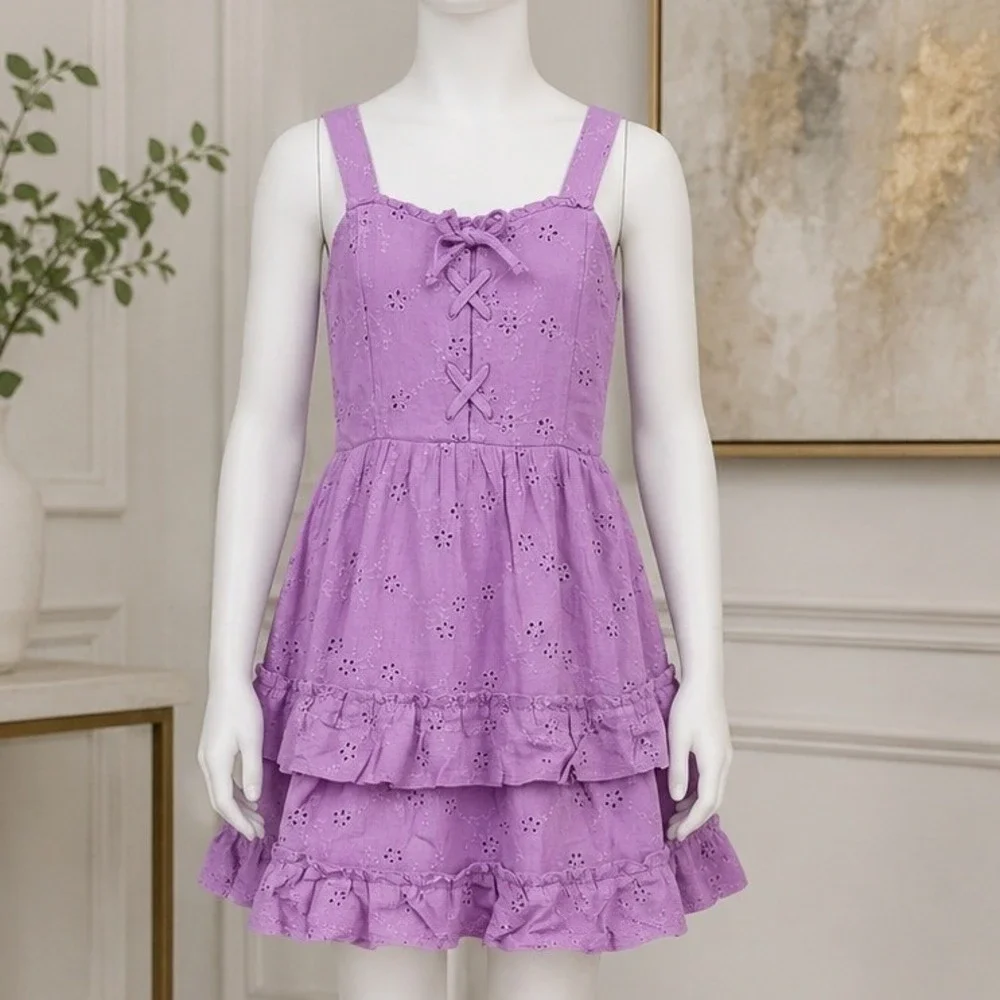 Justice Girls Tiered Eyelet Dress Violet Purple Lace Up Boho XS 5/6